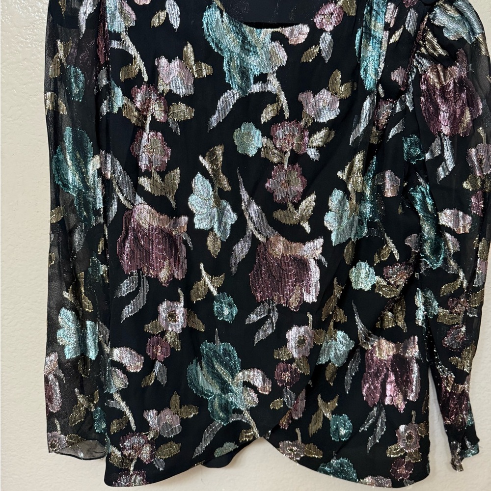Vtg Patra Sheer Shimmer Metallic Floral Evening Special Occasion Wrap Blouse